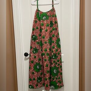 ❤️‍🔥 FAB & Festive! Sz L or XL Floral Green White Red Boho Chic Maxi Dress Beach
